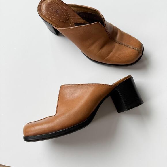 Brown Leather Clogs Mules Size 6 Chunky Heel Clarks - Picture 5 of 8